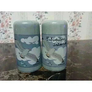 Vtg Galveston Island Salt & Pepper Shakers, Blue With Bird Decor Collectors Item